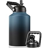 EALGRO Gallon Insulated Water Bottle Jug with Straw, 128 oz Large Stainless Steel Sports Metal Water Canteen With Handle, Thermal Water Cup Mug with 2 Lids, Indigo Black