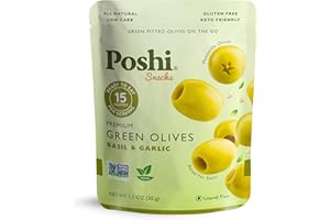 OLOVES Poshi Green Pitted Olives | Basil & Garlic | Vegan, Kosher, Gluten Free + Keto Friendly, Fresh, Low Calorie Healthy Snacks | (30 Pack, 1.1oz Bags)