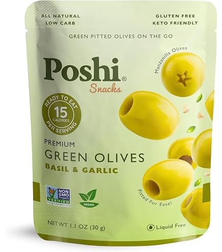 Amazon.com : Poshi Green Pitted Olives | Basil & Garlic | Vegan