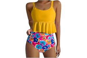 MXALUOB Fashion Swimsuits for Women 2 Piece High Waisted Floral Bikini Sets Sexy Padded Ruffle Bathing Suits Beachwear S-3XL