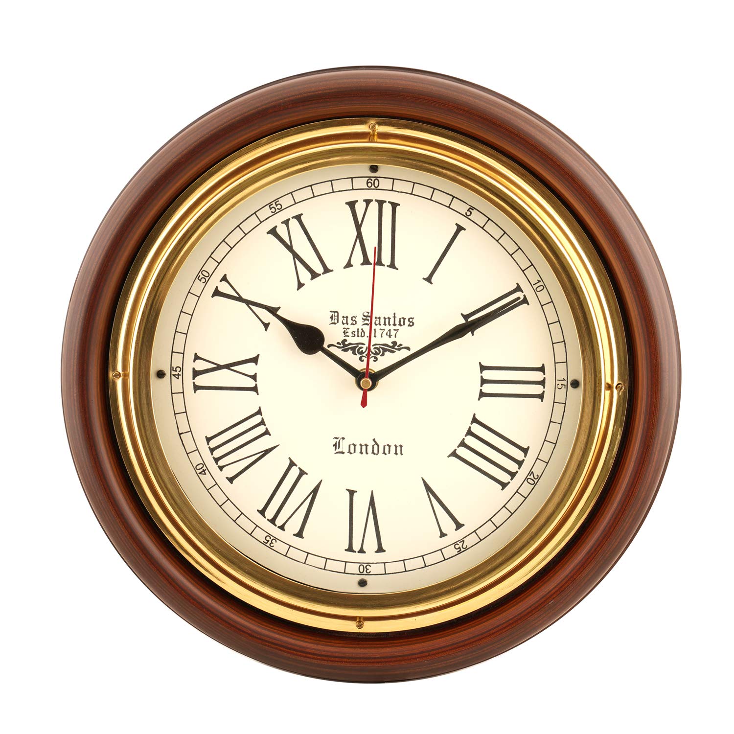 Buy Antique Brass Base Round Shape MDF Wooden Analog Wall Clock for