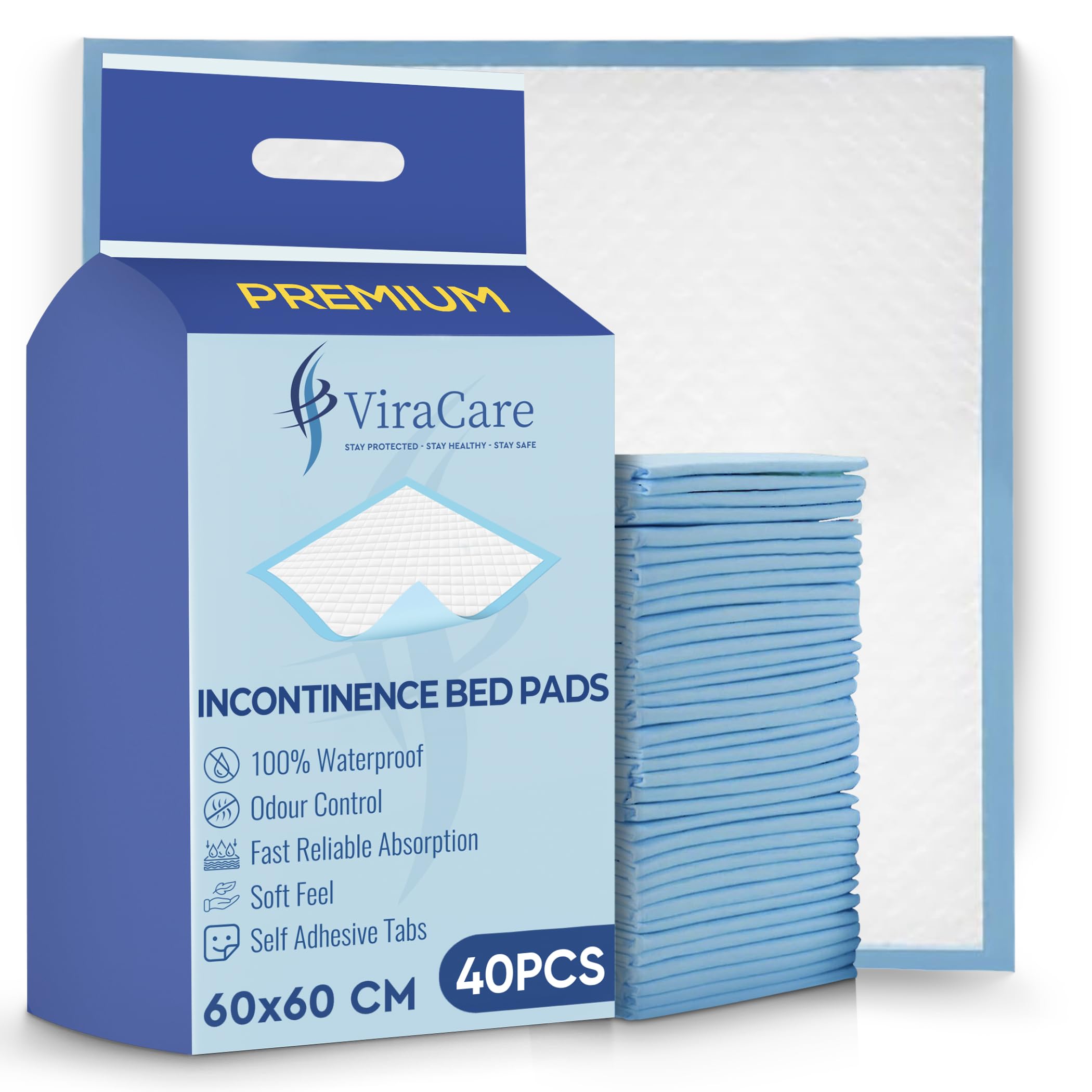40 x Premium Incontinence Bed Pads | 60 x 60 cm | Incontinence Bed Sheets | Disposable Mattress Protector | Self Adhesive Tabs | Absorbent Pads | (1 Pack of 40)