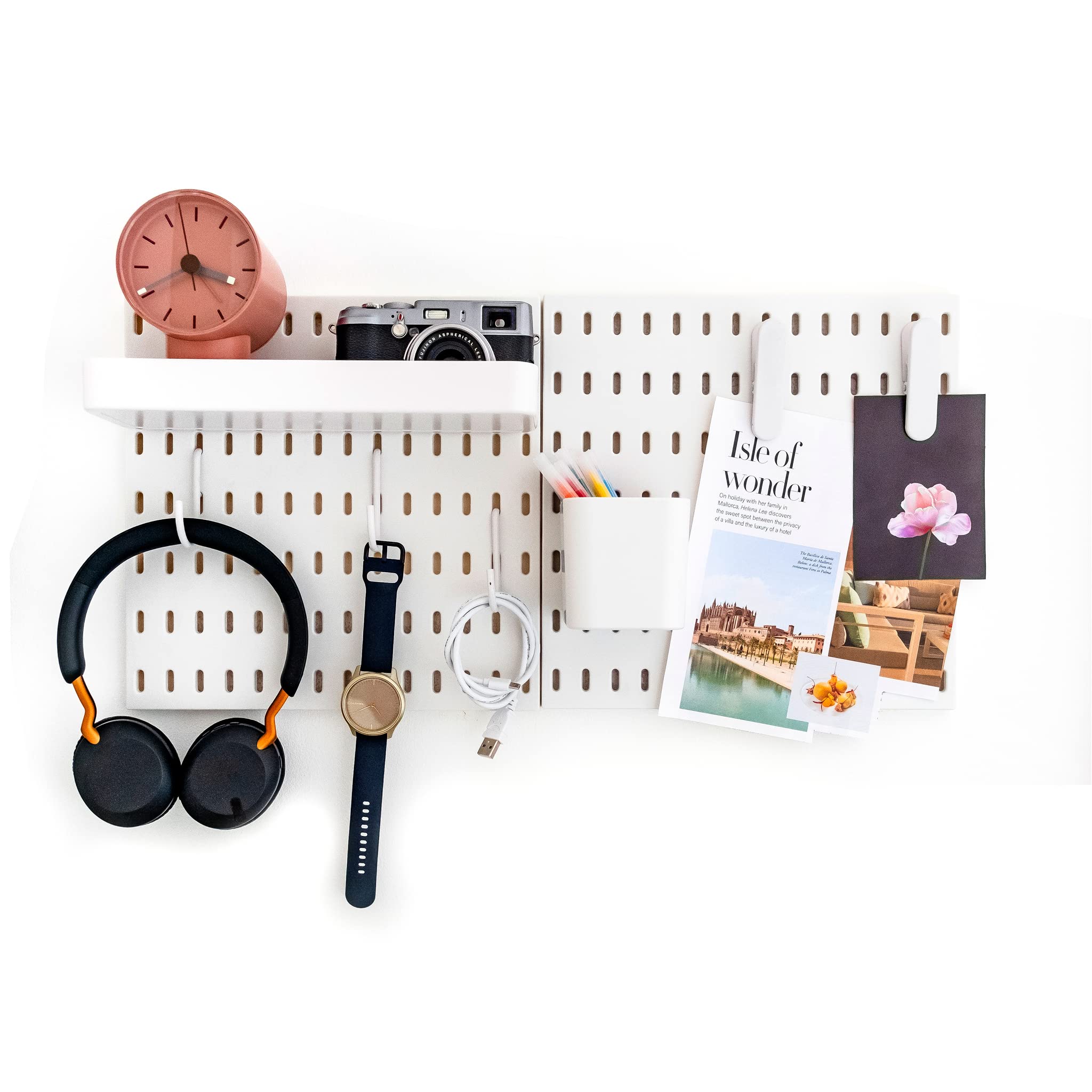 L'essentiel Home and Office Wall Organiser Pegboard 56 * 28cm Complete Set and Accessories (White, 2 panels set)