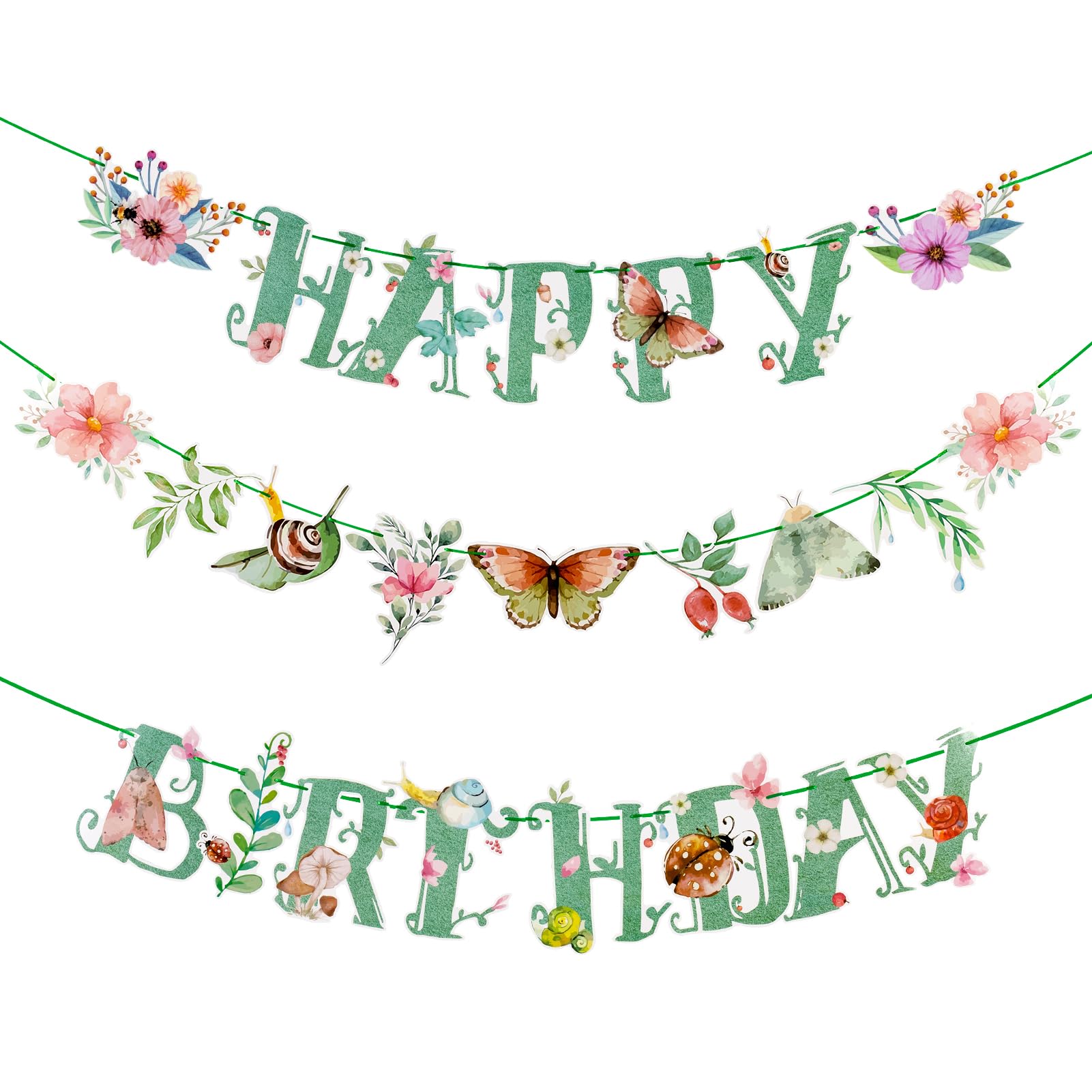 Photo 1 of Butterfly Happy Birthday Banner Sage Green Spring Summer Party Banner Flower Butterfly Birthday Party Decorations Pre-Strung