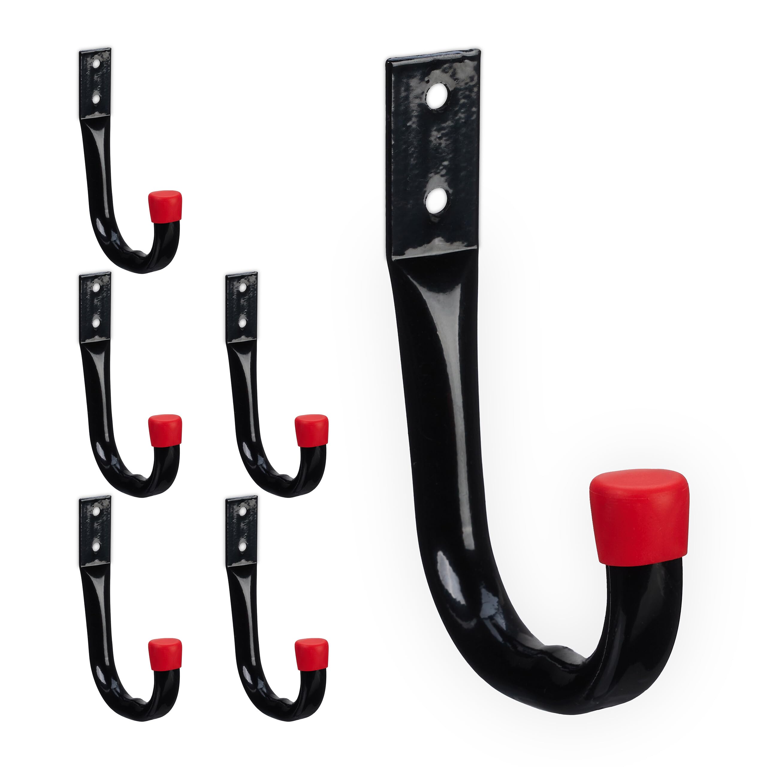 Relaxdays Hooks, Set of 6, Universal Hangers for Garden, Tool Wall Holder, Steel, Each up to 18 kg, Black/Red, 12 x 2 x 8.5 cm