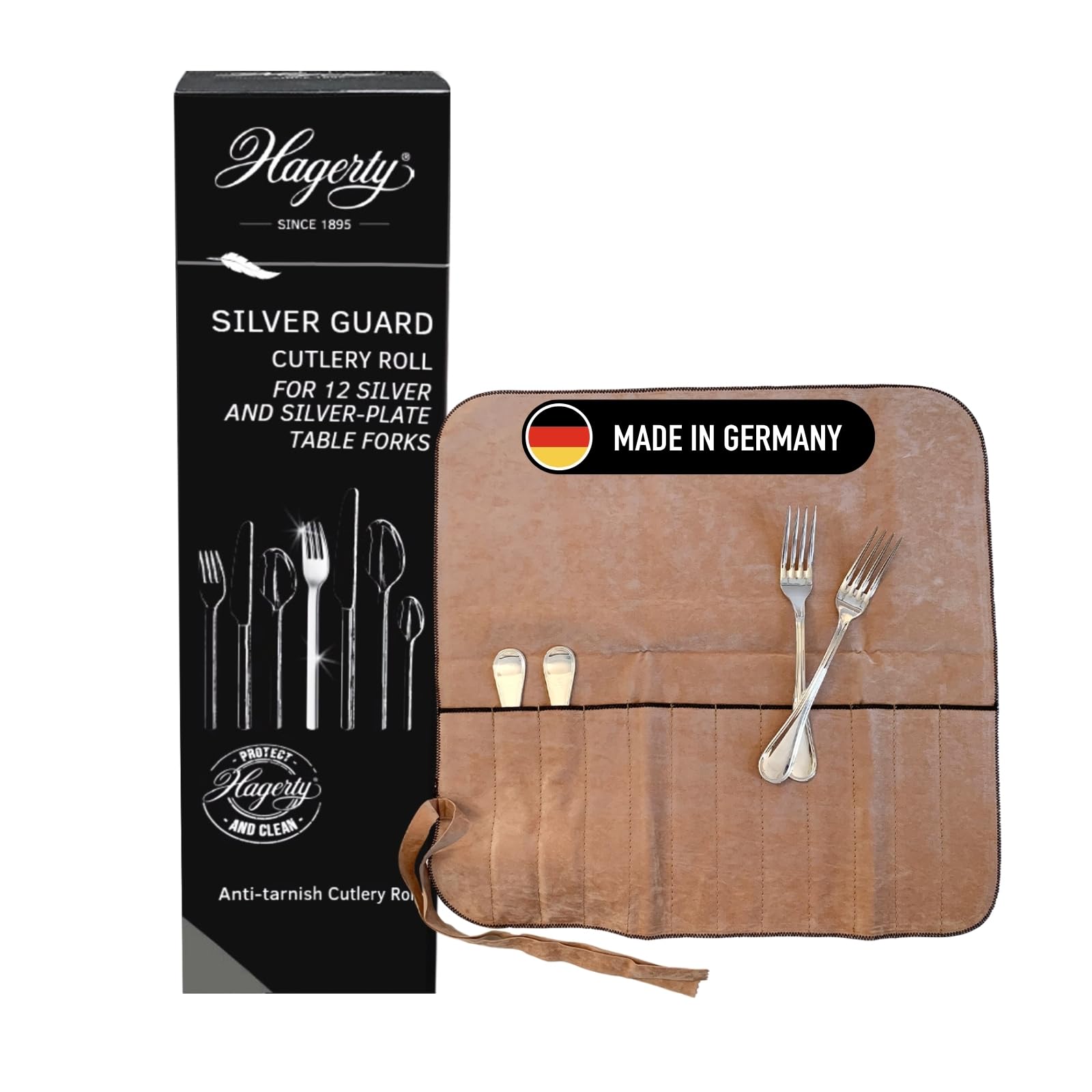 Hagerty Silver Guard Cutlery Roll Practical cutlery pouch for silver & silver-plated metal 43.5x43cm Cutlery with tarnish protection Cutlery holder for table forks with 12 compartments A119002 Tan