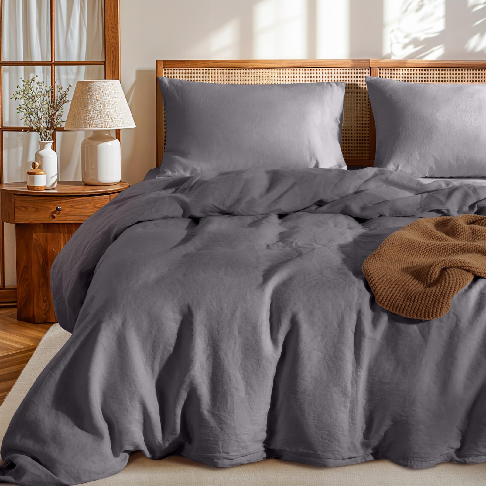 Photo 1 of LBRO2M 100% France Linen Duvet Cover Set 3 Pcs Natural Flax Duvet Cover Set 2 Pillowcase 1 Duvet Cover with Zipper (Dark Gray King)