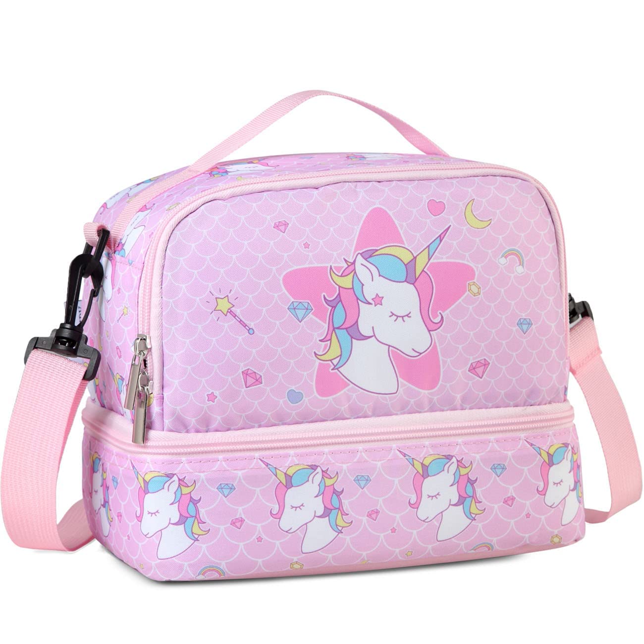 Lunch Bag for Kids, Insulated Dual Compartment Lunch Box Cute Thermal Lunch Tote Bag with Removable Shoulder Strap for Girls Boys
