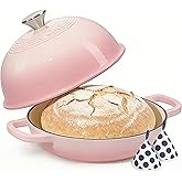 Cast Iron Dutch Oven Pot with Lid, Round Bread Oven for Sourdough Bread Baking, Umite Chef Enameled Cast Iron Bread Oven with Dome Lid & Cotton Potholders for Sourdough, Pink, 6 Quarts