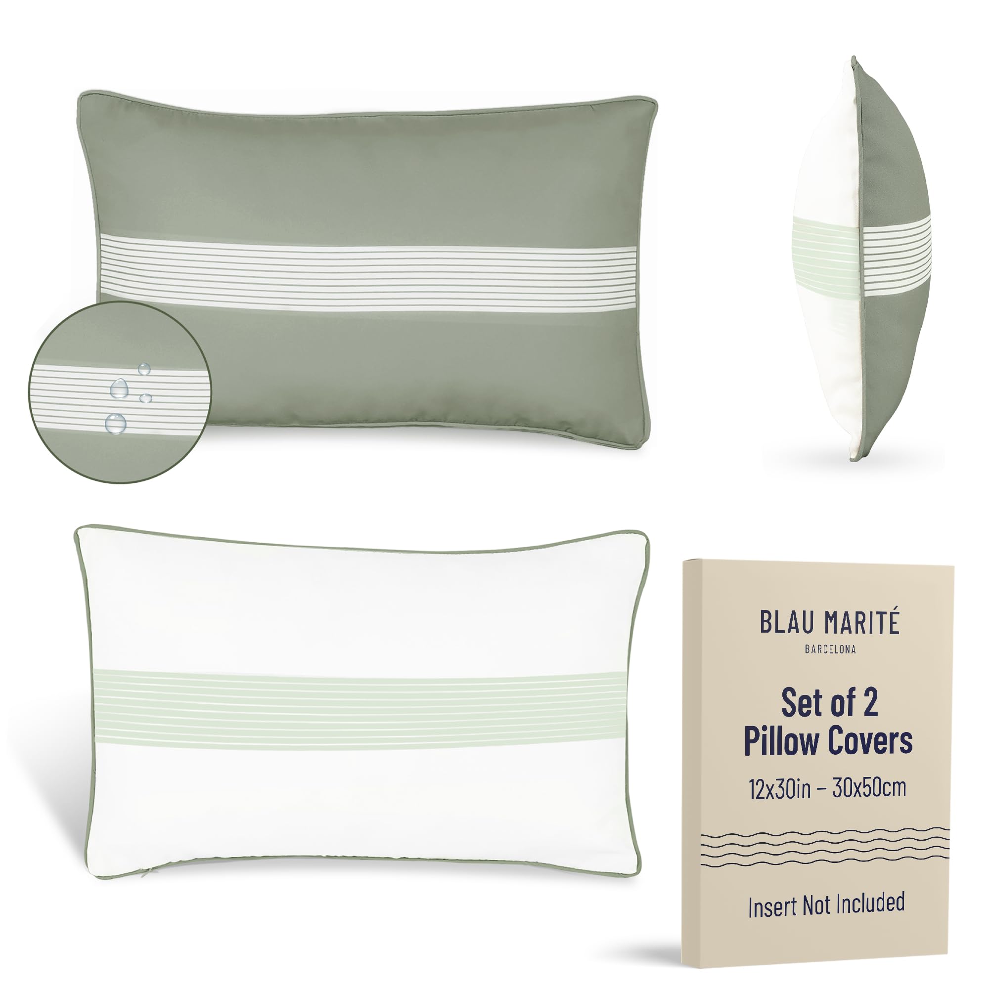 Blau Marité Set of 2 decorative cushion covers. Model FORMENTERA. Resistant, waterproof and anti-stain. Soft and cozy. For indoor and outdoor decoration. (12 x 20 inches, Green)