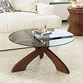 Honyee Glass Coffee Table, 30.7” Round Coffee Table with Tempered Glass Top, Walnut Wood X-Shaped Base, Stable Modern Center Table for Living Room, Apartment and Small Spaces