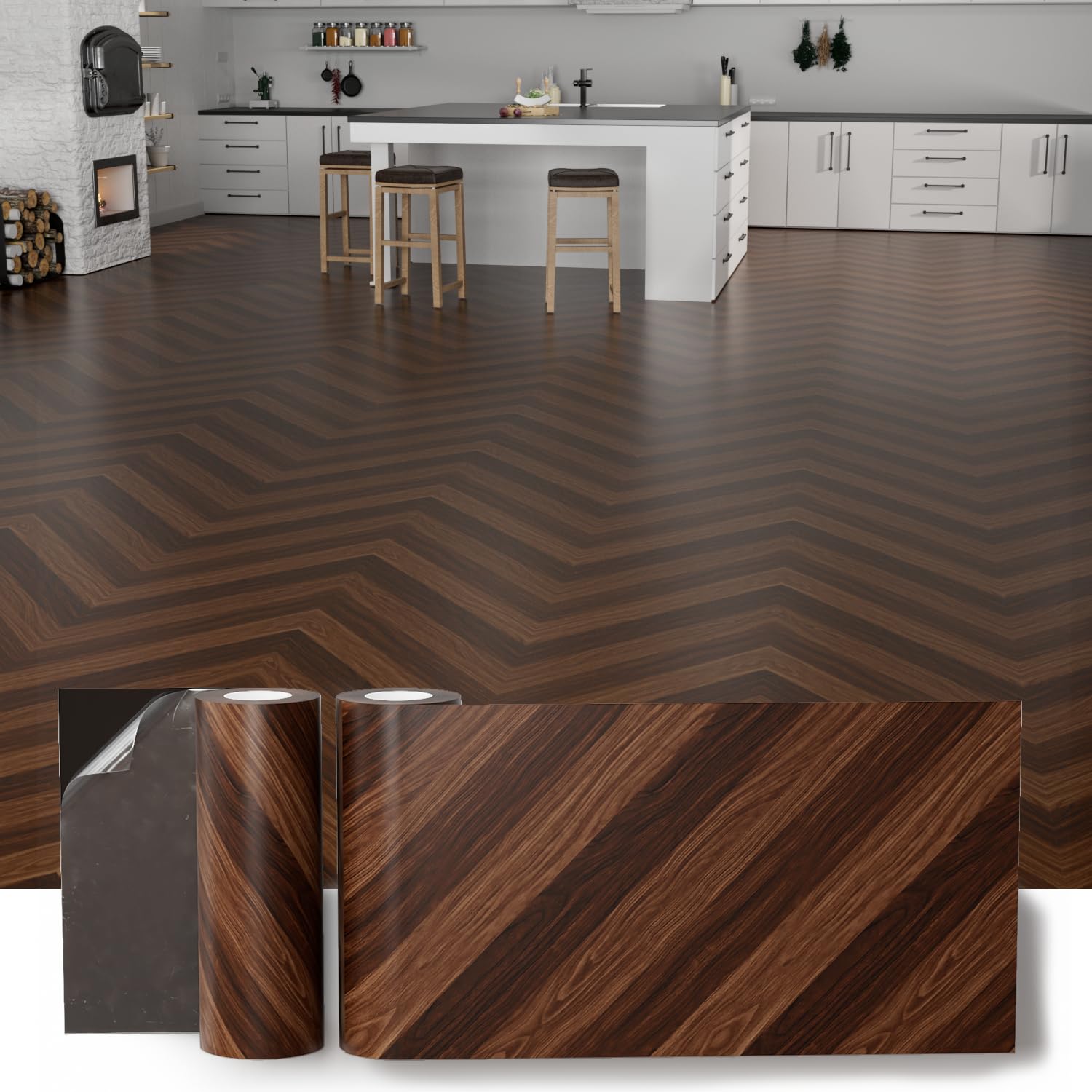 Photo 1 of 2 Rolls 11.8" Wide Cover 40 Sq.Ft Peel and Stick Floor Tile Roll, Durable Self Adhesive Vinyl Flooring Wood Grain Linoleum Flooring Tile DIY for Kitchen, Bathroom, Living Room, Dark Brown Herringbone