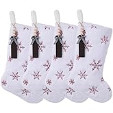 TWSANTAMAS 4PCS White Plush Christmas Stockings, 18 Inch Sequin Embroidered Snowflake Fireplace Hanging Stockings Set with Name Tags for Family Holiday Xmas Party Decorations(Pink Snowflake)