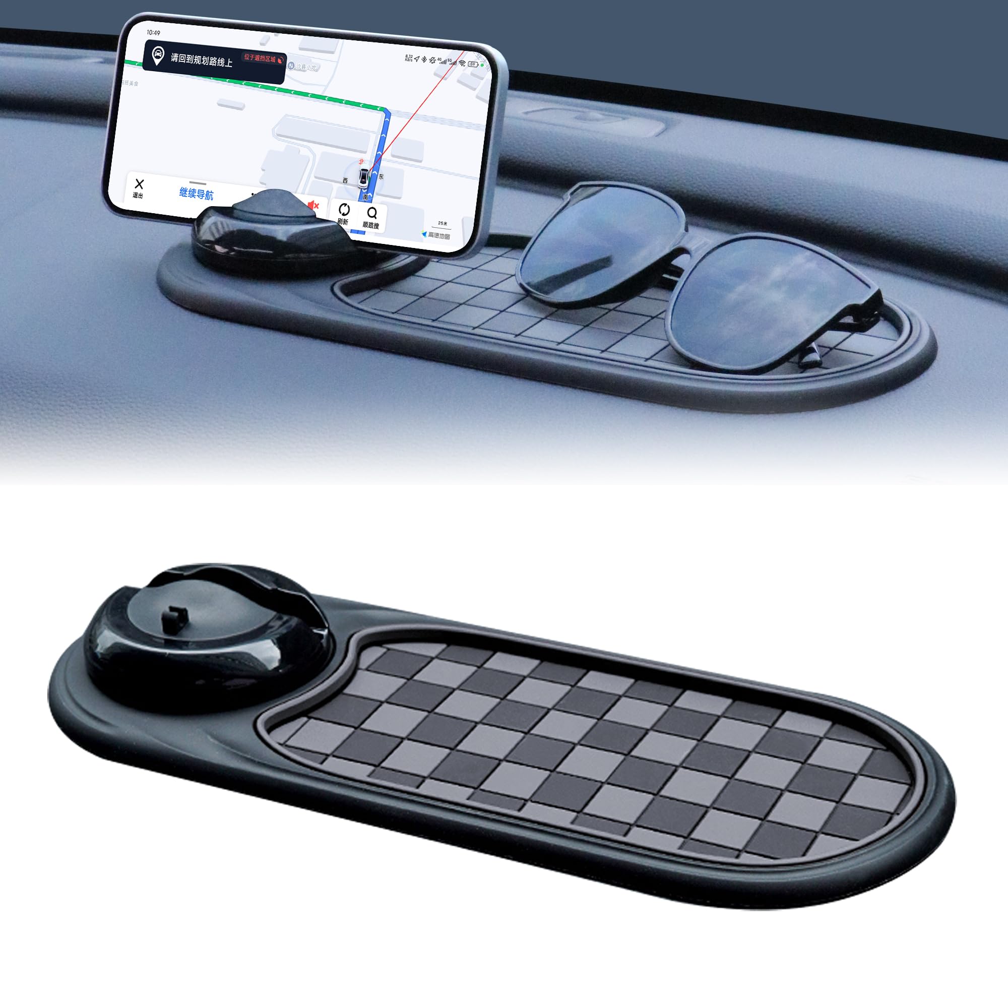Photo 1 of Universal Anti-Slip Car Dashboard Mat with 360° Rotating Phone Holder – Multi-Functional Organizer Pad for Phones, Sunglasses, Keys, and Daily Essentials (Gray Black)