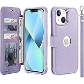 VANAVAGY Compatible for iPhone 13 Wallet Case for Women Men, PU Leather Flip Folio Cover with Wrist Strap for Wireless Charging with RFID Blocking Card Holder Screen Protector,Clove Purple