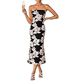 ZESICA Women's Summer Strapless Floral Midi Dress 2026 Bodycon Mesh Tube Wedding Guest Cocktail Party Formal Dresses