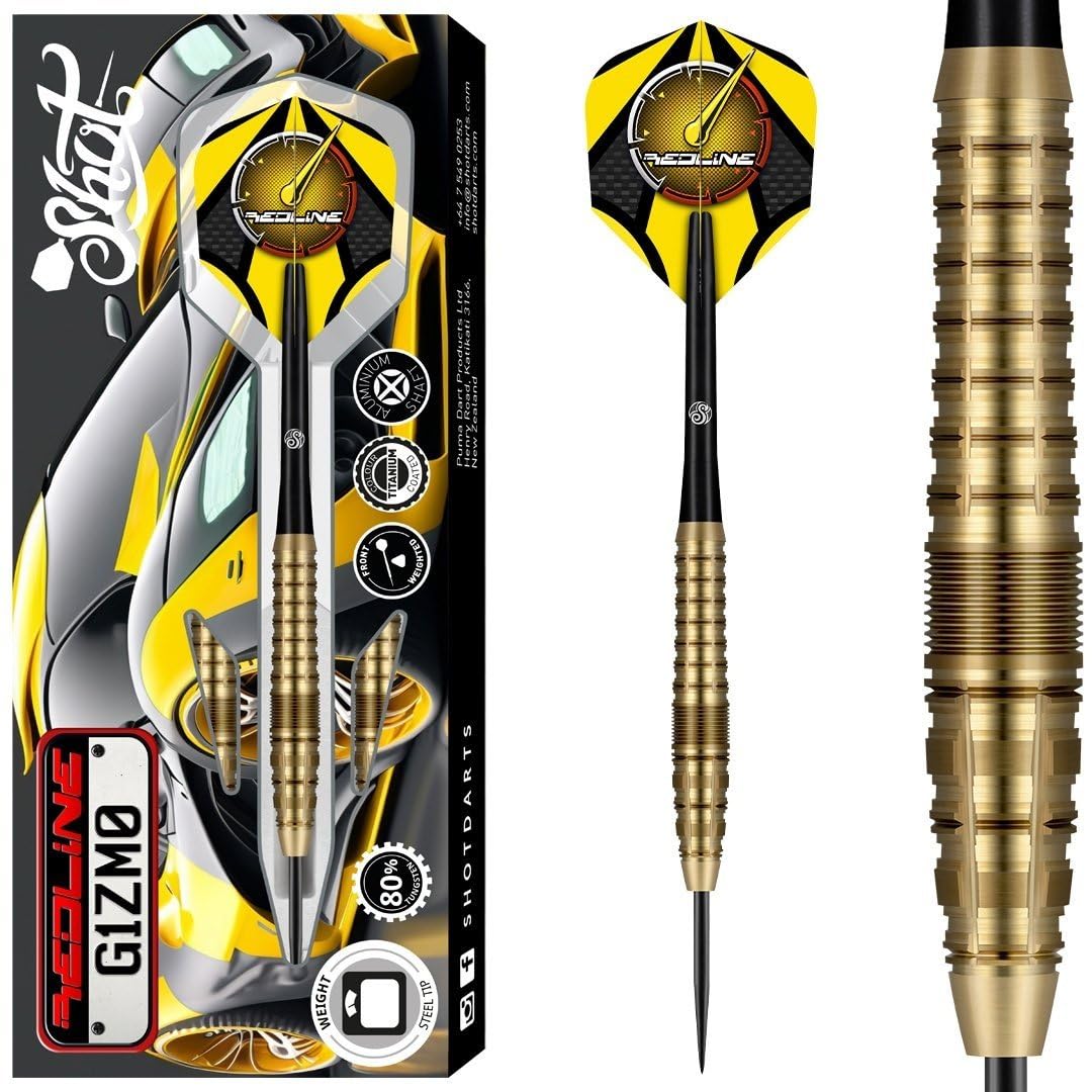 Shot! - Redline G1ZM0 Steel Tip Darts | Front Weighted 80% Tungsten Barrels | Aerodynamic Design for Precision | Made in New Zealand | 23g Darts | Gold, Grams, Tungsten