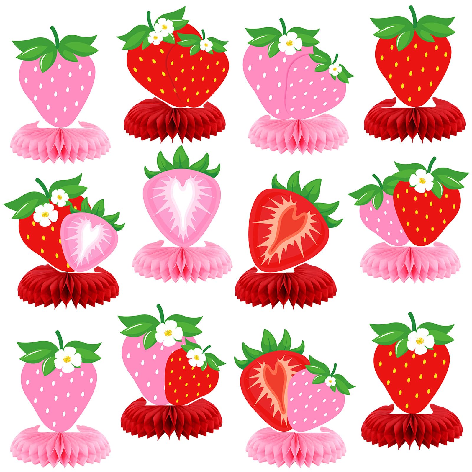 Photo 1 of 12 Pcs Strawberry Party Decoration Honeycomb Centerpieces Red Pink Strawberry Table Topper Table Decoration for Summer Birthday Fruits Theme Party Favors Supplies