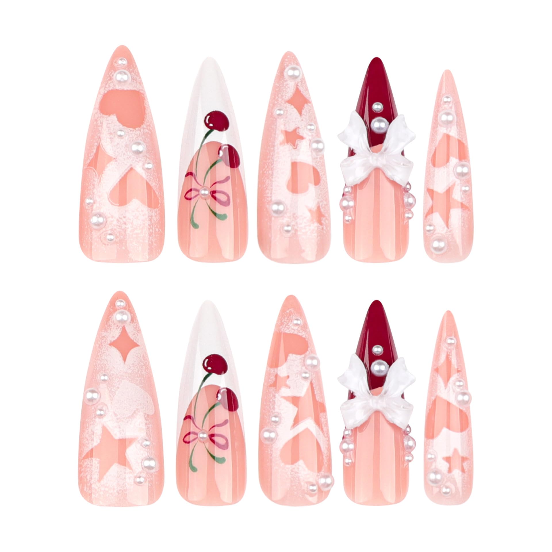 Long Press on Nails Stiletto Fake Nails Pink False Nails French Tip Acrylic Nails with 3D Bow Cherry Design Glue on Nails Heart Star Full Cover Stick on Nails for Women Manicure 24Pcs - Image 5