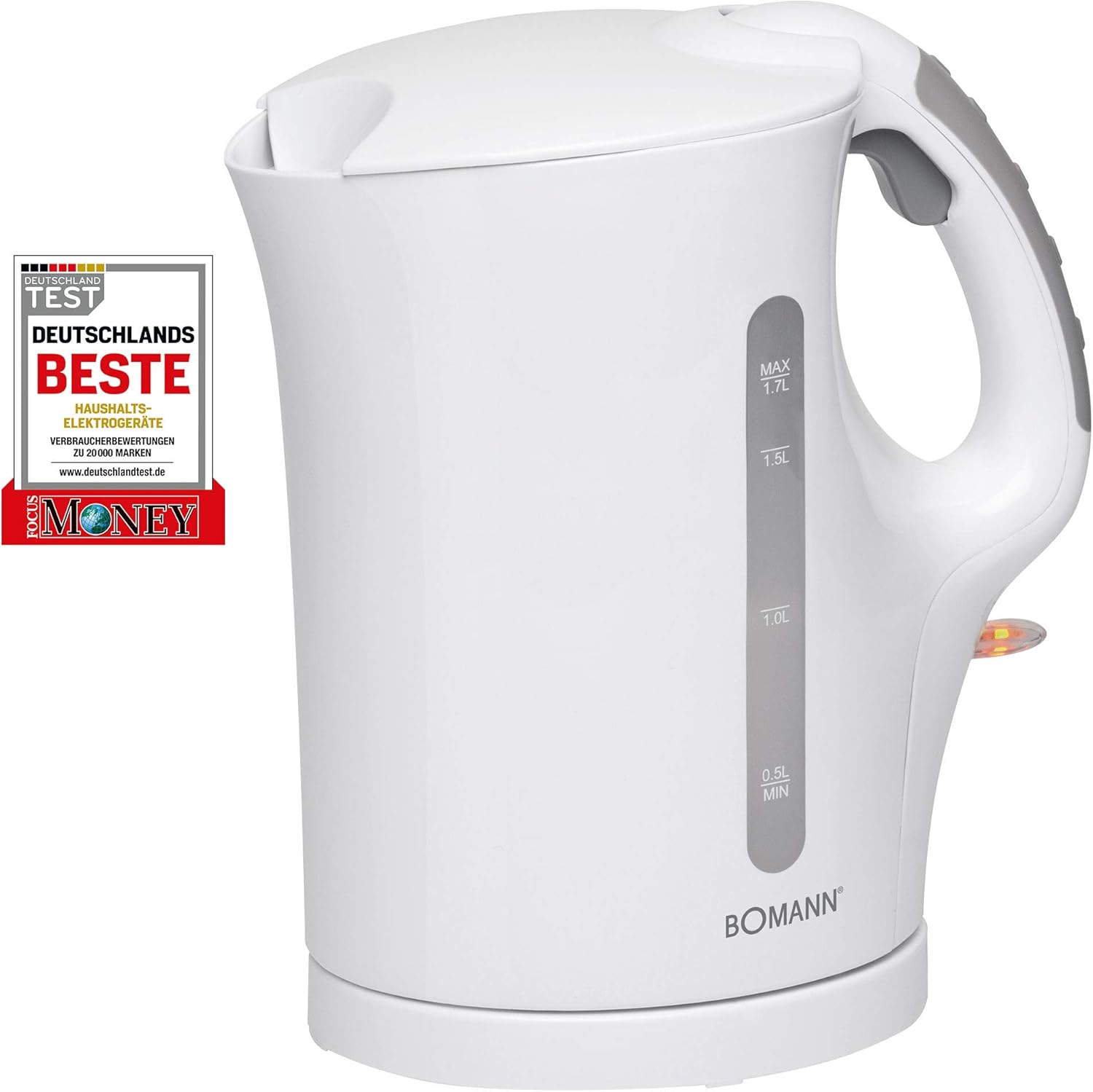 Bomann WK 5011 CB Wasserkocher, 1,7 Liter Fassungsvermögen, 2 außenliegende Wasserstandsanzeigen, Edelstahlheizelement, weiß
