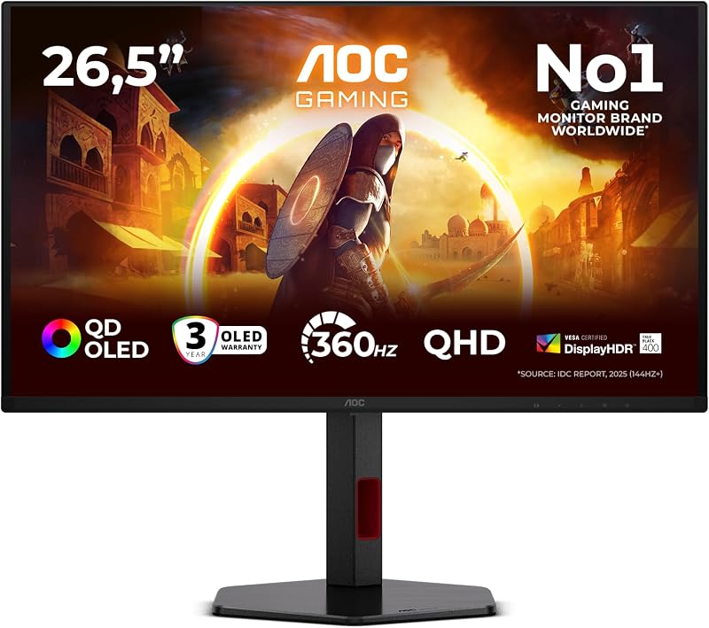 Q27G4SDR 27 Zoll WQHD USB Hub Gaming Monitor, 360Hz, QD-OLED Panel, 0.03ms GtG, HDR400 TrueBlack, G-Sync Compatible, Höhenverstellung,(2560x1440 HDMI 2X 2.1 DP 1x 1.4) Schwarz