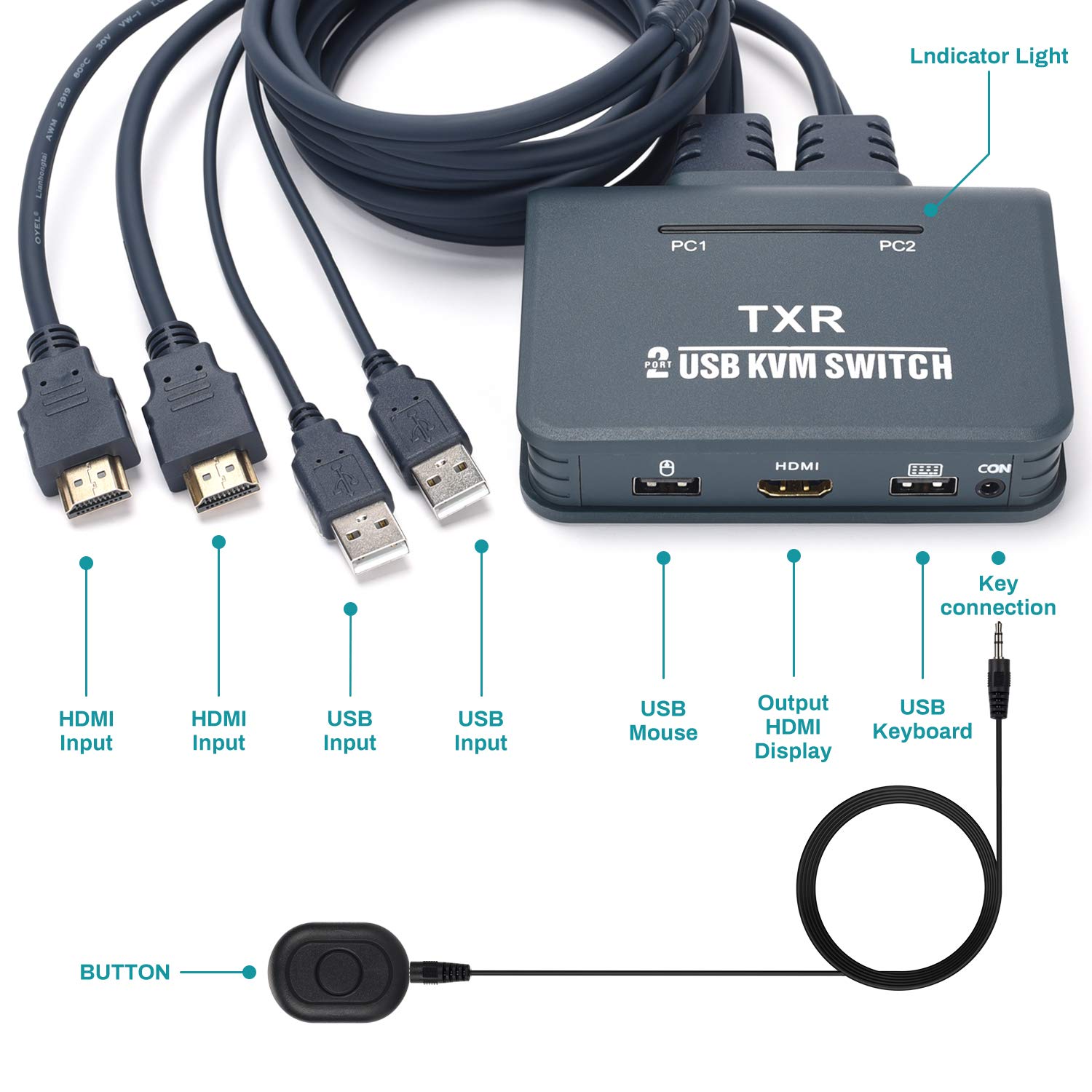 TCNEWCL 4K HDMI KVM Switch 2 Port, KVM Switcher Selector Box with 1.2M HDMI&USB Cable - Image 4