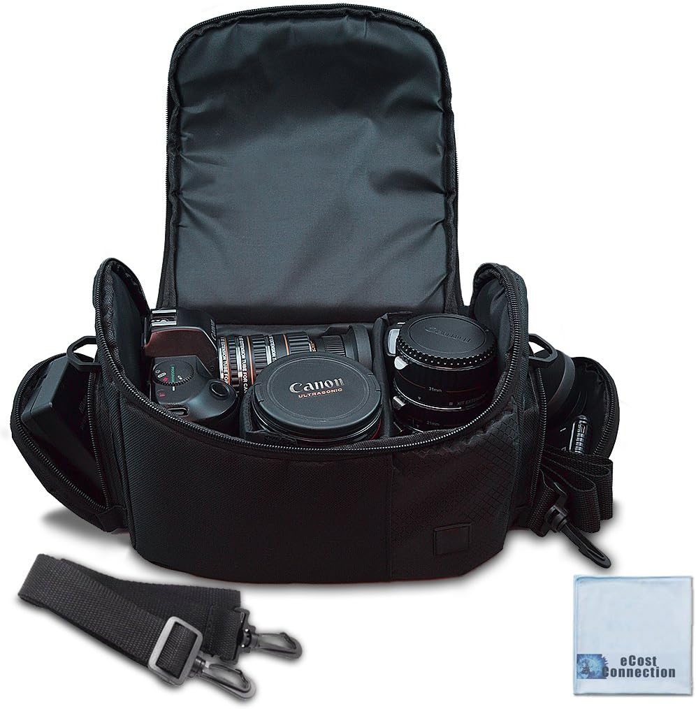 Large Digital Camera / Video Padded Carrying Bag / Case for Nikon, Sony, Pentax, Olympus Panasonic, Samsung, and Canon DSLR Cameras + eCostConnection Microfiber Cloth : Camera & Photo