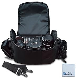 Large Digital Camera / Video Padded Carrying Bag / Case for Nikon, Sony, Pentax, Olympus Panasonic, Samsung, and Canon DSLR Cameras + eCostConnection Microfiber Cloth