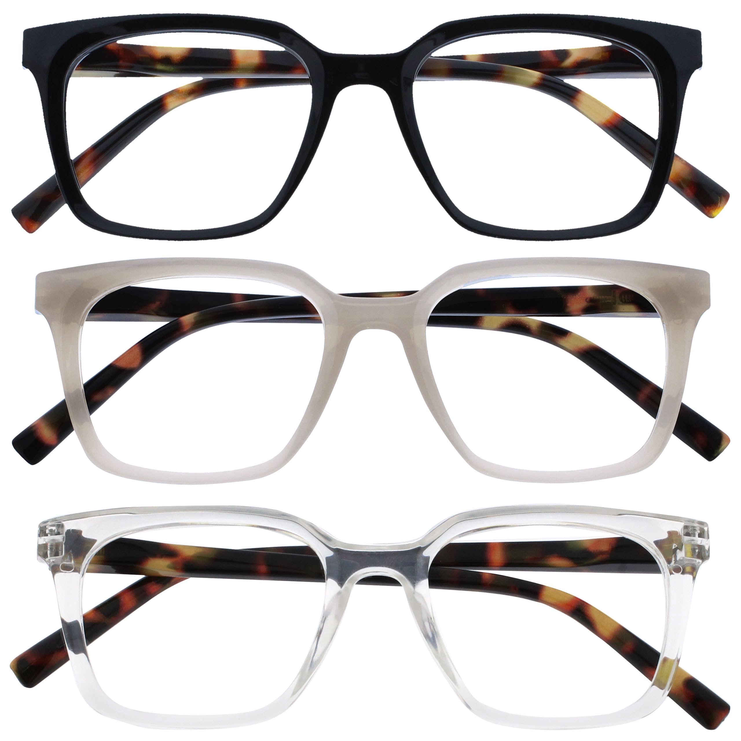 OPULIZE KOI Reading Glasses 3 Pack - Large Rectangular Frame - Black-Grey-Clear - Mens Womens - Spring Hinges - RRR50-17C - +3.00