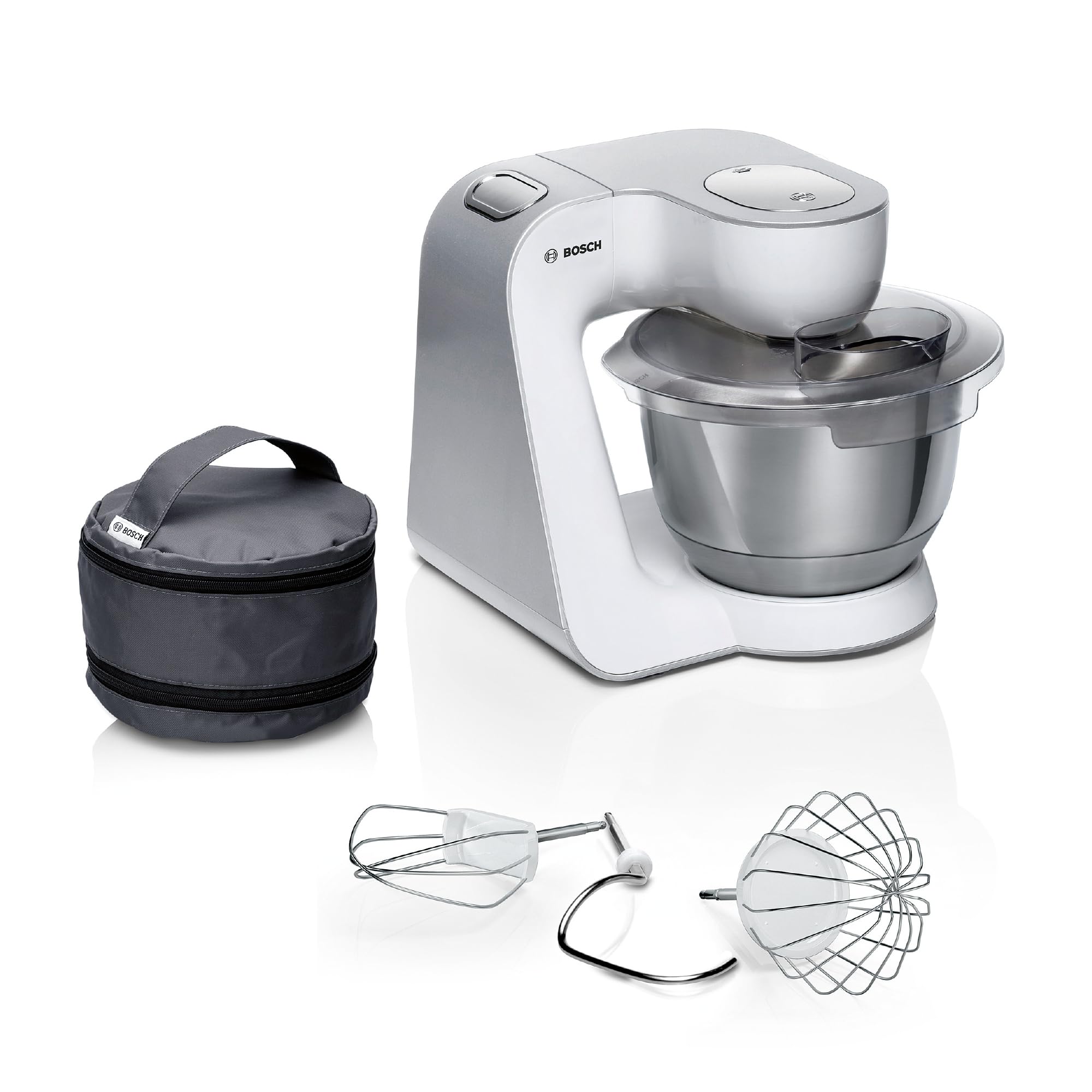 Bosch Küchenmaschine Serie 4, Knethaken, Rühr- & Schneebesen Edelstahl, Edelstahlschüssel spülmaschinenfest, 3D Rührsystem, weiß/silber, MUM58200