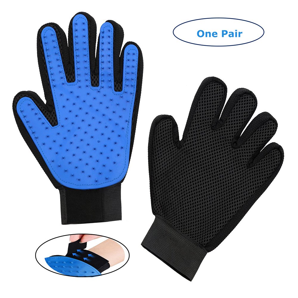 Blue Pet Glove Groomig comb Efficient Hair Remover Mitt Gentle Deshedding Brush Tool With Five Finger Design True Touuch Massage Bath gloves Perfect For Dogs and Cats with Long or Short Fur(One Pair)