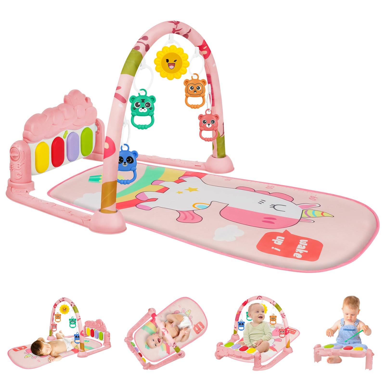 AOMIG Baby Play Mat, Baby Piano Gym with Music and Lights, Play Mat with Detachable Activity Toys, Early Development Activity Baby Play Mat Toy Gift for Babies