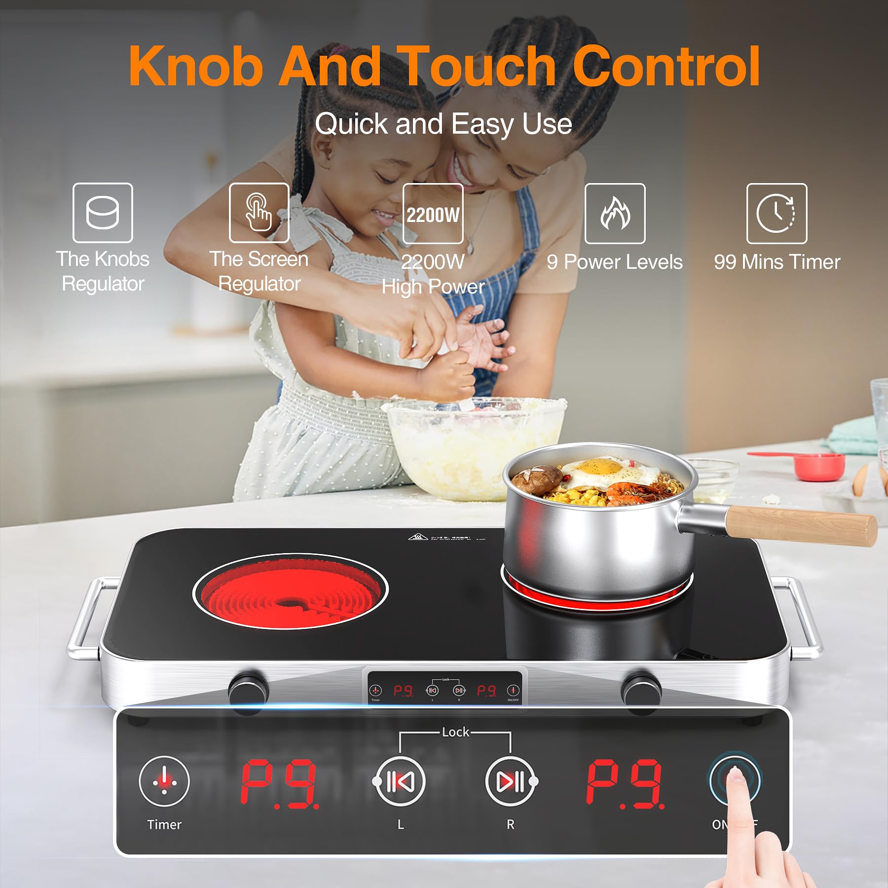 VBGK Cooktop,110V 2200W Stove with Knob Control,9 Power Levels, Kids Lock & Timer,LED touch control,Overheat Protection Stove Top,12 Inch desktop 2 burner cooktop