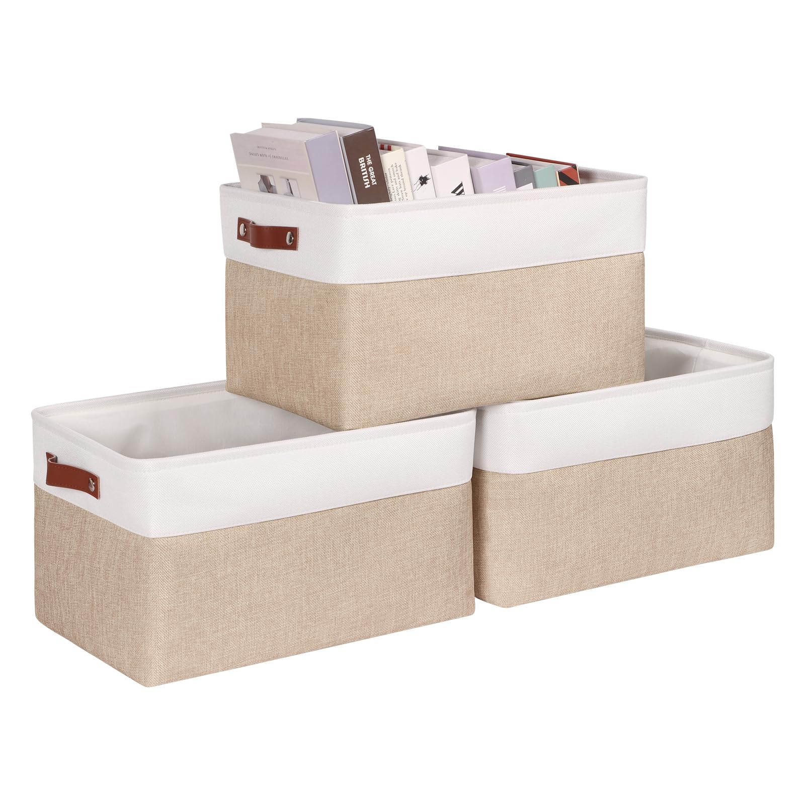 Syeeiex Large Fabric Storage Basket with Leather Handles, 3-Pack Large Baskets, Storage Baskets for Shelves, Foldable Baskets for Organizing Toys, Clothes, Office (White/Brown)