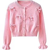 Verdusa Girl's Cute Bow Button Down Cardigan Crew Neck Ruffle Long Sleeve Knitted Cozy Sweaters