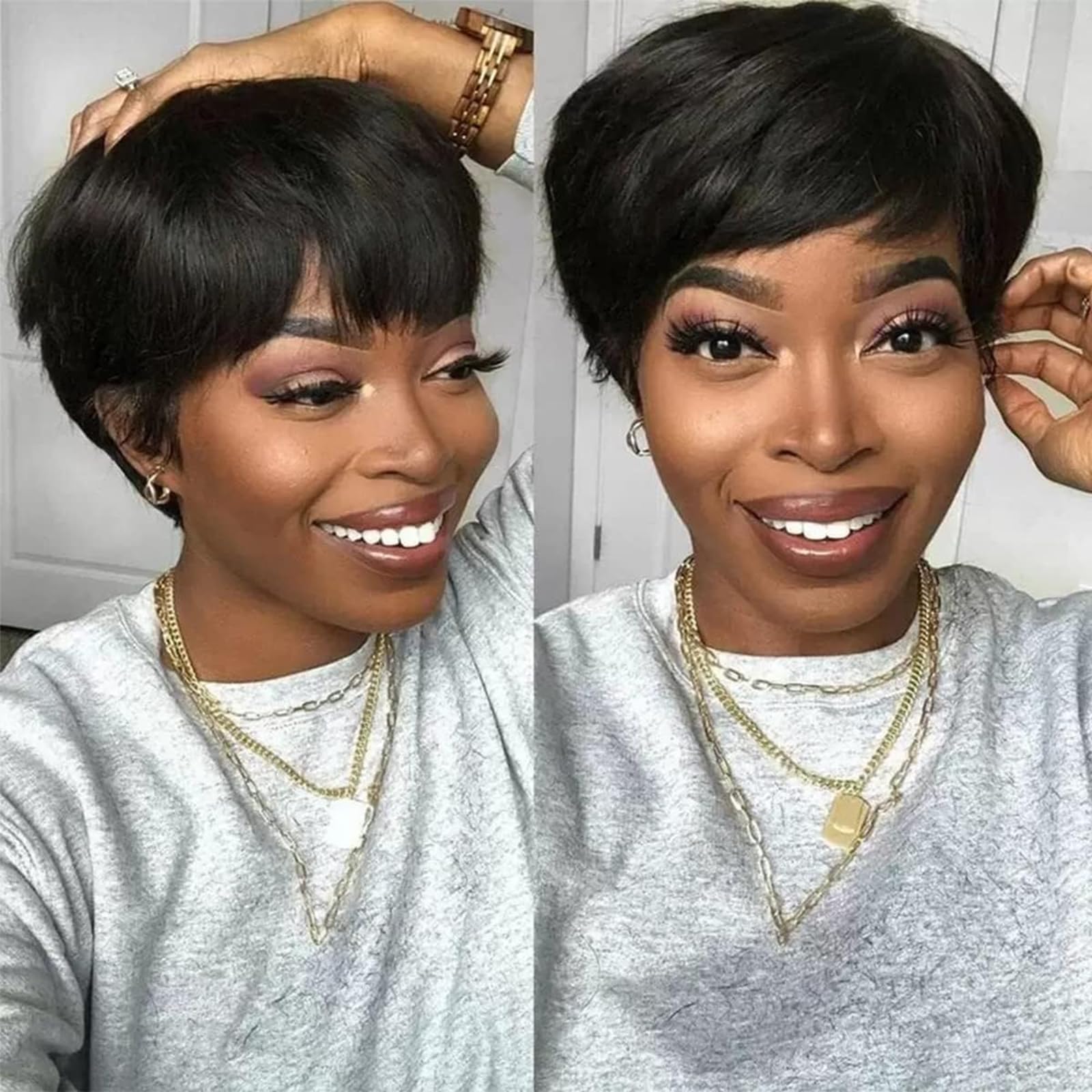 QUEENTAS Human Hair Wig Short Wigs for Black Women Pixie Cut Wig Brazilian Glueless Real hair Wigs for Daily Use(Natural Black#1B)