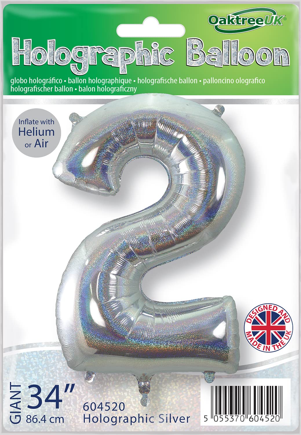 Oaktree UK 34" Number 2 Holographic Silver Foil Balloon
