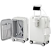 Hanke 20 Inch Expandable Carry On Luggage Airline Approved Top Opening Travel Luggage Rolling Suitcase with Cup Holder Hard Shell Suitcases with Wheels (Smoke White)