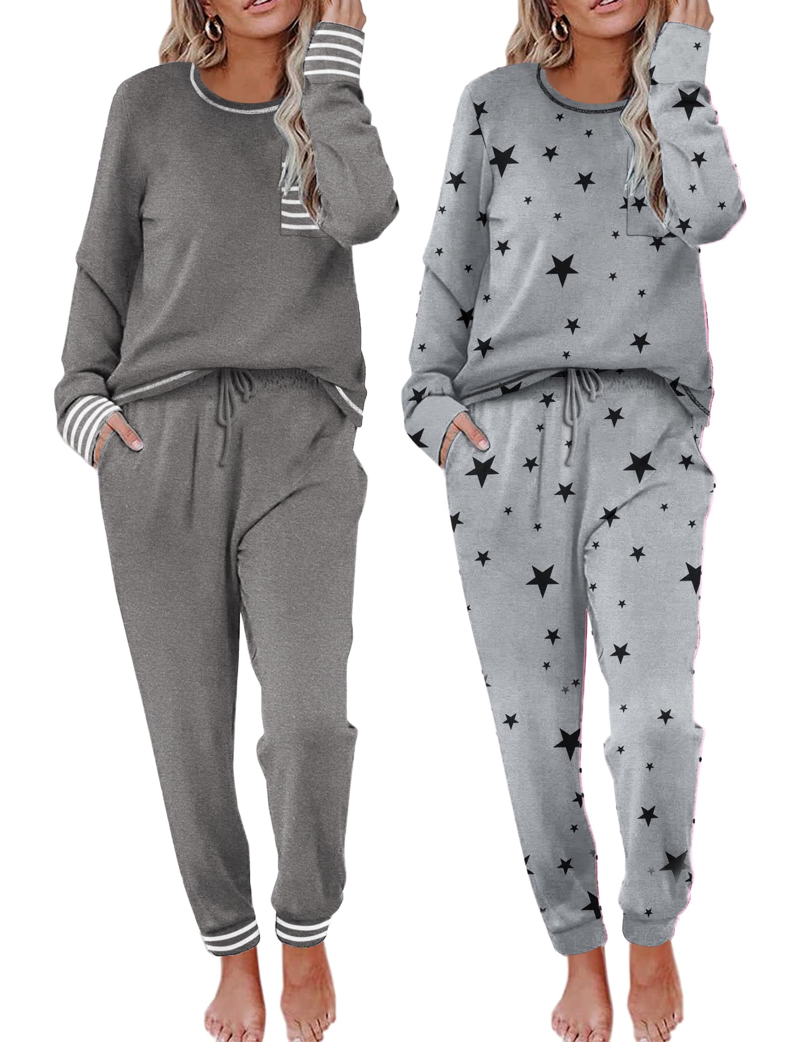 Photo 1 of ** 1 PC / T-SHIRT ** Ekouaer 2 Pack Womens Pajama Sets Long Sleeve Lounge Sets Soft Pj Sleepwear Loungewear Grey & Star Medium