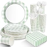 EggSun Sage Green Gingham Disposable Plates and Napkins Party Supplies, Green and White Tableware Set Green Plaid Paper Plates for Birthday Family Dinner Picnic BBQ Baby Shower Wedding Decor Serves 25