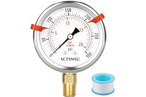 SCTSNSR 0 to 300 Psi Pressure Gauge, Glycerin Liquid Filled, 2.5 inch Dial, 1/4" NPT Lower Mount, Stainless Steel Case, for Regulator, Air Compressor, Water System, HVAC, Hydraulic, Pressure Test