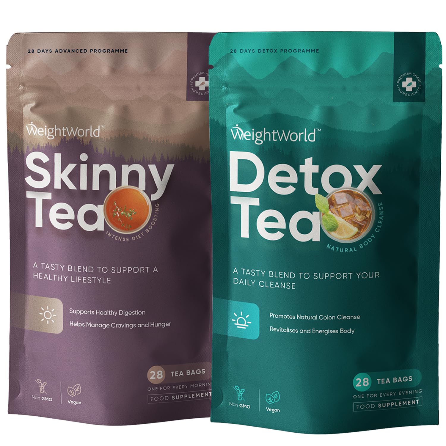 Skinny & Detox Tea Combo | Green Tea, Spearmint, Dandelion Root, Ginger, Lemongrass, Moringa & Oolong | For Morning & Night Routines | 56 Bags | 28 Days Programme | Zero-Calorie Herbal Blend