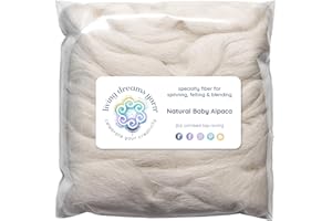 LIVING DREAMS YARN Baby Alpaca Fiber for Spinning, Blending, Felting & Dyeing. Natural Combed Top Roving, White.