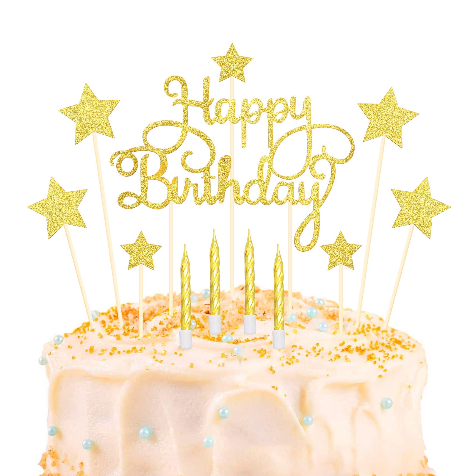 Lifreer Happy Birthday Cake Topper Gold Birthday Cake Decorations Cake Toppers Stars Cake Toppers with Gold Candles for birthday decoration