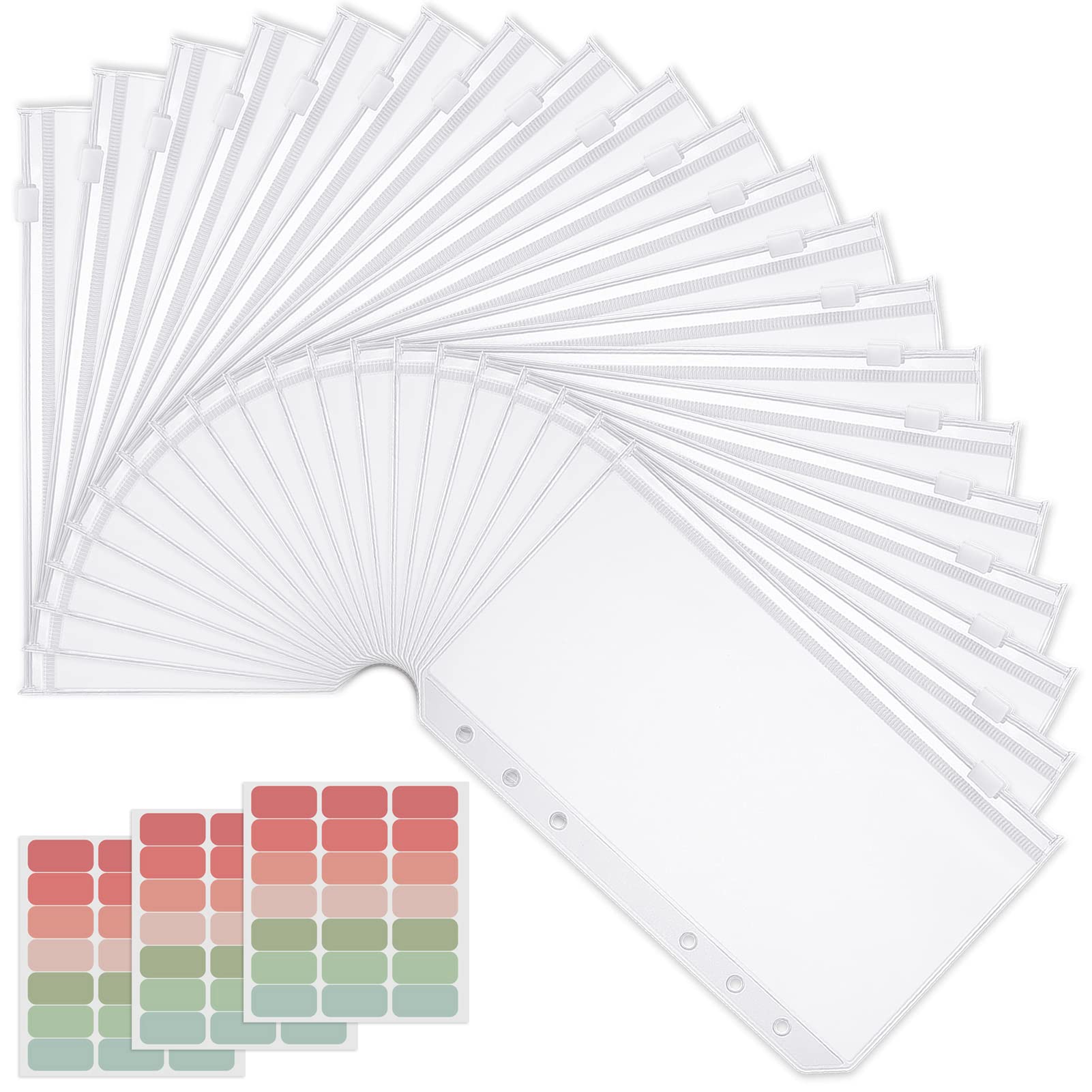 Zocipro 20Pcs Cash Envelopes, 6 Holes Budget A6 Binder Pockets, Plastic Zipper Folders Money Binder with 3 Sheets Label Stickers for Notebook Budget Binders, Documents Cards