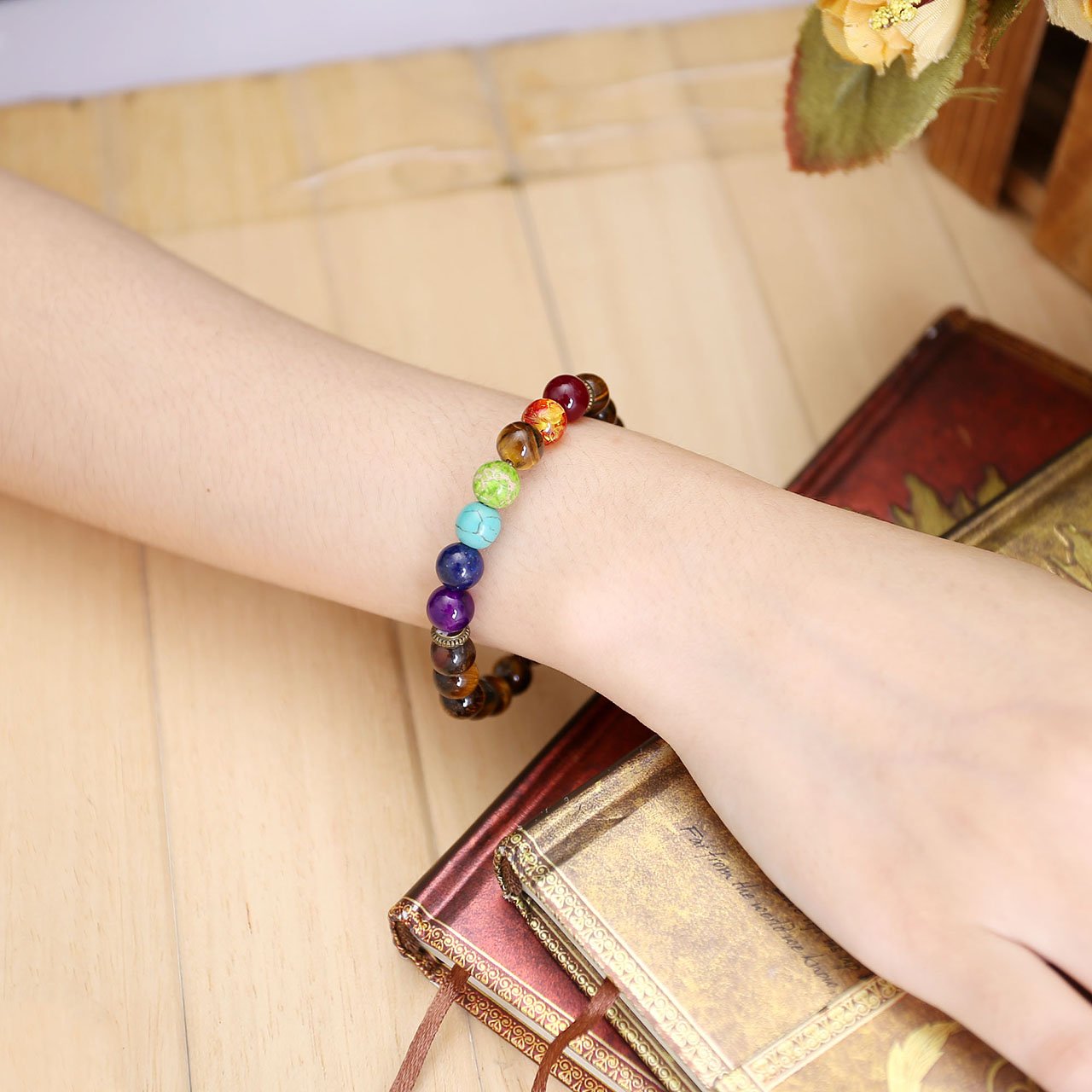 Jovivi 8mm-7 Pierres Chakras Bracelet en Pierre Oeil de Tigre Perles d\'Energie Pierre Précieuse Extensible Elastique Tibétain Bouddhiste Unisexe