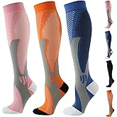 Nemokamai Compression Socks for Women Men Circulation Knee High 3 Pairs for Nurses, Running, Travel, Athletic, Dark Blue Orange Pink