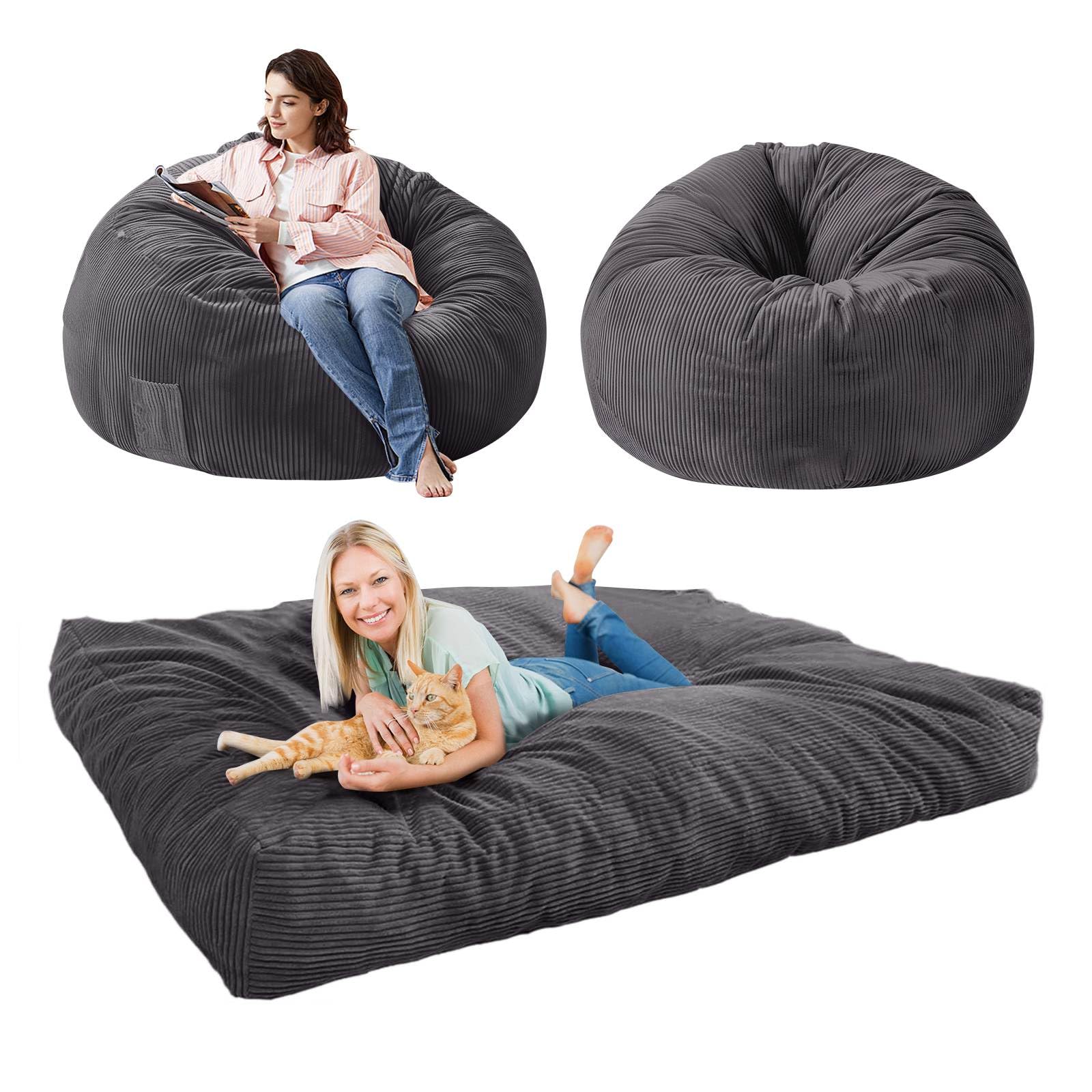 Photo 1 of Snowtaros Giant Bean Bag Chair for Adults, Queen Size Convertible Beanbag Folds from Chair to Mattress, Large 81"x61" Sofa Bed, Non-Slip Bottom, High-Density Foam Filling, 2 Washable Corduroy Covers