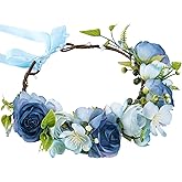 KorViSHOW Blue Flower Crown Headband, Handmade Fairy Rose Floral Headpiece, Artificial Boho Flower Crown for Women Girls Maternity Renaissance Weeding Festivals Birthday Party Headdress