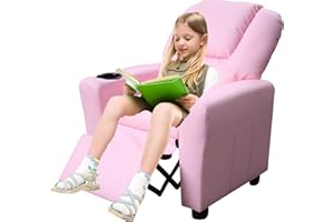 anwickjeff Modern PU Leather Kids Recliner Chair with Cup Holder, Adjustable 2-in-1 Kids Single Couch for Boys Girls (Pink)